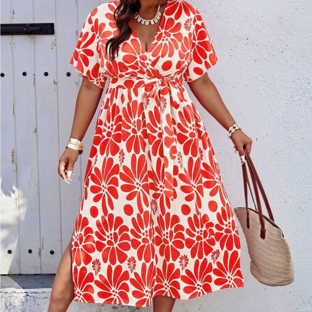 SHEIN Red and White Floral Maxi Dress